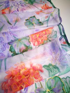 Hand painted Recherché silk scarf -Violet Brodiaea (Cluster lilies) flowers and coral geraniums in soft purple lavender air. Scarf painted on Ponge silk (sometimes called habotai). It is light, soft, just a little glossy and slightly sheer silk. ------------------------------------------------------------------------------------------------------------------ This scarf is MADE TO ORDER and available even in 6 OBLONG sizes and 3 SQUARES: 21x21 inches (55x55cm)- Very small square- Kerchief; wrist, Purple Silk Scarves With Floral Print, Elegant Purple Dupatta For Spring, Artistic Purple Silk Scarves, Artistic Purple Silk Scarf, Purple Silk Shawl For Wedding, Lilies Flowers, Short Scarves, Silk Chiffon Scarves, Small Scarf