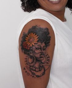 a person with a sunflower on their shoulder and an image of a woman's face