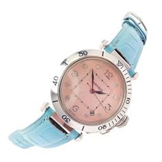 About This Piece: Brand: CartierCase And Clasp Material: 18k White GoldDial Color: Light Pink SalmonMovement: Automatic, 27 JewelsFunctions: Time/DateCase: 38.5mm (Without Crown) x 44.5mm (With Lugs)Crown: 2.5mm Size DiamondStrap: Genuine Leather, Turquoise BlueClasp: 18k White Gold, Original Cartier  Size: Fits up to 8" wrist, adjustable strap down to 6.75"Hallmarks On Back: Cartier 100m/330ft 311808MG 18k (Hallmarks) 2353 Water Resistan Pasha 27 JewelsTi842redxd Cartier Love Wedding Band, Cartier Jewelry, Authentic Jewelry, Diamond Watch, Love Bracelets, Gold Leather, Automatic Watch, Sunglass Frames, Estate Jewelry