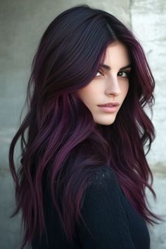 Fall Colors Hair Brunette, Dark Hair Violet Highlights, Black Roots Hair Color, Black Cherry Balayage Brunettes, Chocolate Brown Hair With Purple Streaks, Fall Hair Color For Brunettes Purple, Layered Haircut With Balayage, Fall Hair Colors Dark Roots, Purple Fall Hair Color