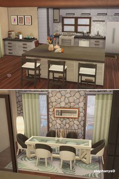 two different views of a kitchen and dining room