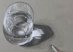 a pencil drawing of a glass with water in it next to a pen and eraser