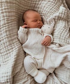 a baby is sleeping on a blanket with a stuffed animal