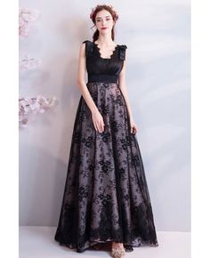 Buy Elegant Formal Long Black Lace Prom Dress A Line Sleeveless at wholesale price online. Free shipping and pro custom service since 2009. Prom Dress A Line, Black Lace Prom Dress, A Line Long Dress, Tulle Embroidery, Delicate Wedding, Banquet Dresses, Evening Dresses Online, Dress Idea, Lace Prom Dress