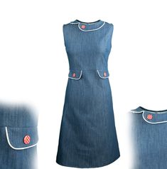 With a collar and pocket flaps, the dress is in a modern-vintage style.  The dress impresses with its simplicity and attention to detail.  The blue dress made of stretchy, light jeans is a real figure-flatterer with its figure-hugging top and slightly flared skirt.  The asymmetrical Peter Pan collar and the pocket flaps are piped in white.  Red and white checkered buttons bring color into play.  Stretchy and soft, the dress is very comfortable to wear. Size information: BU / TU / HU (+ - 2cm) 34 (XS) 86/66/86 36 (S) 90/70/90 38 (M) 94/74/94 40 (L) 98/78/98 42 (XL) 102/82/102 44 (XXL) 106/86/106 Total length 34-38: 96cm Total length 40-44: 98cm We are also happy to manufacture to measure specifications. Material & care: Denim: 97% cotton, 3% elastane W 30 o Weiberstyle stands for real handw Knee-length Denim Dress For Work, Blue A-line Denim Dress With Pockets, Classic Knee-length Dress With Pockets, Classic Blue Denim Dress For Work, Collared Fitted Denim Dress With Pockets, Classic Denim Dress With Pockets For Work, Collared Blue Denim Dress For Work, Blue Collared Denim Dress For Work, Classic Fitted Knee-length Denim Dress