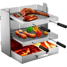 three trays with food cooking on top of each other in front of a white background