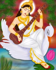 a painting of a woman sitting on top of a white swan holding a ukulele