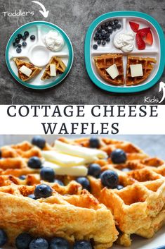 cottage cheese waffles with blueberries and butter on the side are ready to be eaten