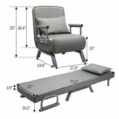 a chair and ottoman are shown with measurements for the seat, footstool and pillow