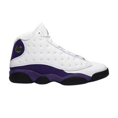 Find JORDAN 13 Retro 'lakers on Editorialist. Emerging in July 2019 as part of a 'Rivals' series, the Air Jordan 13 Retro 'Lakers' sneaker looks back to the 1990-91 NBA Finals when Michael Jordan won his first championship ring against Los Angeles. This AJ13 sports a perforated leather upper with Lakers inspired colors incorporated on the heel, front-facing Jumpman and mudguard. Hints of gold appear on the outsole, between the herringbone pods. Purple High-top Basketball Sneakers, Casual Purple Sneakers For Basketball, Purple High-top Sneakers For Basketball, Throwback White Jordan Shoes With Boost Midsole, Throwback White Jordan Sports Shoes, White Throwback Jordan Shoes For Sports, Air Jordan 13 Retro, Jordan 13 Retro, Sneakers Looks