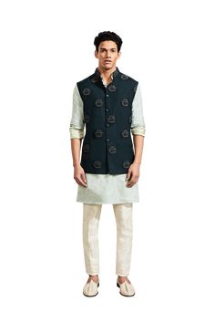 Kunal Rawal-Forest Green Rose Knotted Jacket-INDIASPOPUP.COM Luxury Green Nehru Jacket For Festive Season, Kunal Rawal, Blouse Yoke, Personal Shopping Service, Quirky Design, Sleeveless Jacket, Green Rose, Customer Care, Bollywood Fashion