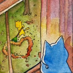 an illustration of a cat looking out the window at another cat sitting in front of it