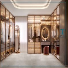 a walk - in closet with mirrored doors and mirrors on the walls, along with an oval mirror