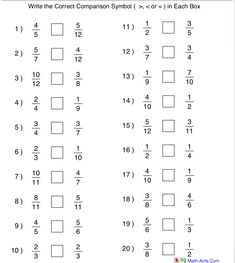 the worksheet for comparing numbers in each box