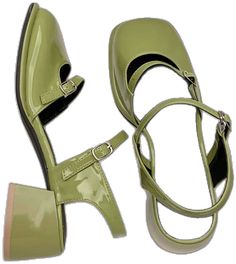 Trendy Green Heels With Heel Strap, Green Square Toe Heels For Summer, Spring Green Closed Toe Heels, Casual Green Heels With Heel Strap, Trendy Green Heels With Buckle Closure, Spring Green Square Toe Heels, Green Square Toe Heels For Spring, Green Flat Heel Party Sandals, Trendy Green Block Heel Sandals