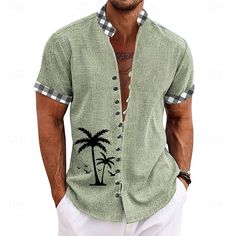 Coconut Tree Casual Tribal Men's Shirt Button Up Shirt Daily Hawaiian Summer Spring Band Collar grandad collar Short Sleeve Blue, Green, Khaki S, M, L Polyester Shirt 2024 - $22.99 Short Kurta For Men, Button Up Shirt Short Sleeve, Luxury Shirts, Hawaiian Summer, Mens Printed Shirts, Kurta For Men, Short Kurta, Man Clothes, Polyester Shirt