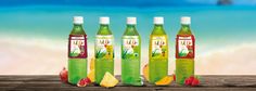 four bottles of alo juice are lined up on a wooden table near the beach