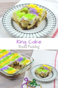 a cake sitting on top of a white plate next to a glass pan filled with food