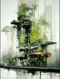 a digital painting of a building with lots of green plants growing out of the windows