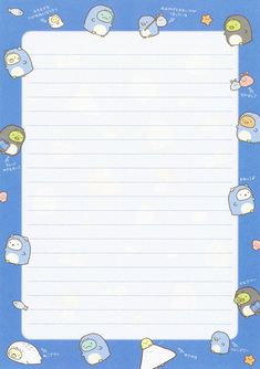 a blue lined paper with cartoon animals and stars in the middle, on a blue background