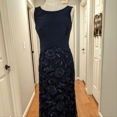 - Alex Evenings Gown - Navy Blue - Size 8 - Embroidered Beads And Sequen Floral Skirt - Braided Waist Line - Floor Length Measurements - Shoulder To Waist 15 1/2" - Waist To Floor 43" Blue Floral Embroidered Maxi Dress For Evening, Blue Fitted Evening Dress With Floral Embroidery, Fitted Blue Evening Dress With Floral Embroidery, Elegant Fitted Evening Dress With Floral Embroidery, Formal Evening Dress With Floral Embroidery And Fitted Bodice, Fitted Blue Gown With Floral Embroidery, Formal Blue Gown With Floral Embroidery, Blue Floral Embroidery Evening Dress, Formal Fitted Evening Dress With Floral Embroidery