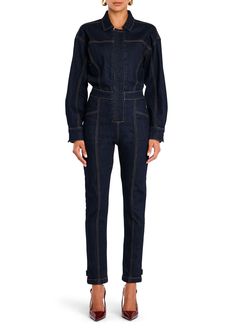 Long sleeve, structured dark wash jumpsuit with subtle stitching throughout. 99.5% Cotton, 0.5% Elastane Made in China Model is 5'10" wearing size S Fitted Long Sleeve Denim Jumpsuit For Work, Dark Wash Long Sleeve Denim Jumpsuit For Work, Fitted Dark Wash Jumpsuits For Work, Dark Wash Jumpsuits And Rompers For Fall Workwear, Fall Wardrobe Staples, Summer Neutrals, Coverall Jumpsuit, Knit Outerwear, Knit Shoes