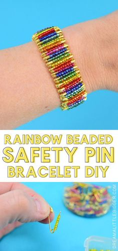 rainbow beaded safety pin bracelet diy with text overlay that says rainbow beaded safety pin bracelet diy