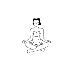 a woman sitting in the middle of a yoga pose with her cat on her lap