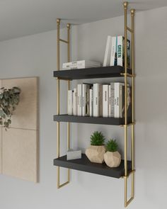 three shelves with books and plants on them