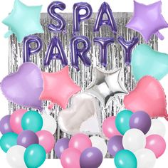 a bunch of balloons that say spa party