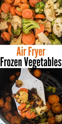 air fryer frozen vegetables in a pan with broccoli and cauliflower