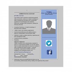 a blue and white resume with an image of a man in a suit on it