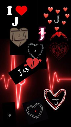 various neon signs and hearts on a black background