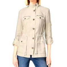 Khaki 100% Linen Material With Drawstring Waist, Roll Up Tab Straps To Adjust Sleeves, Four Pockets And Zipper. New Without Tags. Casual Linen Utility Jacket For Spring, Spring Utility Linen Outerwear, Linen Material, Utility Jacket, Roll Up, Drawstring Waist, Clothing Items, Jackets & Coats, Jackets For Women