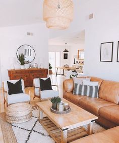 a living room with couches, tables and pictures hanging on the wall above them