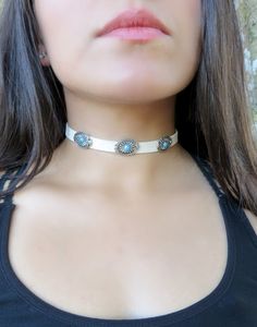 "White Choker Necklace, Native American Jewelry, Suede Choker Necklace, Bohemian Choker, Suede Choker, Boho Turquoise Choker, Christmas Gift ❤ BUY ANY 2 ITEMS ANS GET 15% OFF!! (USE COUPON CODE '15OFF') ❤ ❤ BUY ANY 4 ITEMS ANS GET 20% OFF!! (USE COUPON CODE '20OFF') ❤ ❤ BUY ANY 6 ITEMS AND GET 25% OFF!! ((USE COUPON CODE '25OFF') ❤ Complete any outfit with this gorgeous fashionable and trendy choker necklace ! Made from 5mm suede leather cord with three 2X4cm oval metal connector plates. Choker Adjustable White Bohemian Choker, Adjustable Southwestern Turquoise Necklace, White Festival Jewelry Choker, Bohemian White Turquoise Necklace As Gift, White Bohemian Turquoise Necklace As Gift, White Festival Choker Jewelry, Bohemian White Jewelry For Festivals, White Festival Jewelry, Adjustable Turquoise Necklace For Festivals