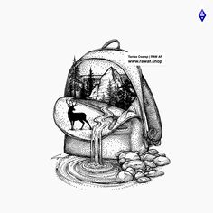 a black and white drawing of a backpack with a deer in the water inside it