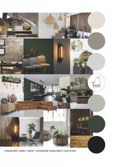 a collage of photos with different furniture and decor items in shades of grey, brown, green