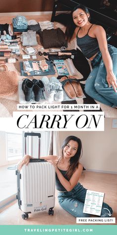 a woman is sitting on the floor with her luggage and smiling at the camera while she sits next to an open suitcase