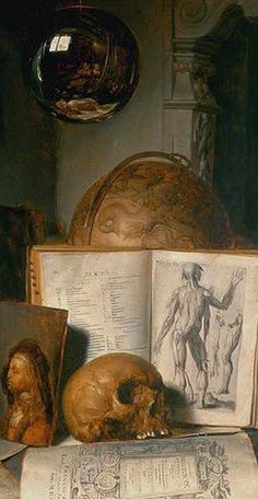 an image of a painting with books and skulls on the table in front of it