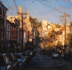 an oil painting of a city street filled with cars