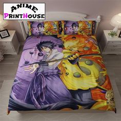 an anime bed set with the image of two people holding swords in front of them