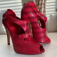 Beautiful Python Leather Booties, High Heel, Size 6.5, Brand New Never Worn, C/With Dust Bag, No Box Luxury Red Heeled Boots With Reinforced Heel, Luxury Red Heeled Boots With Leather Sole, Luxury Red Heels With Buckle Closure, Designer Red Heels With Buckle Closure, Elegant Ankle-high Heeled Boots With Red Sole, Casadei Boots, Red Leather Ankle-high Booties, Bold Red Ankle-high Boots, Patent Leather Booties