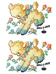 two cross stitch pictures of a teddy bear with flowers on it's back and the words doll - crib written in blue