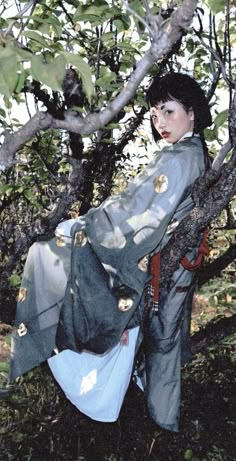 a woman is sitting in the branches of a tree wearing a gray and white kimono