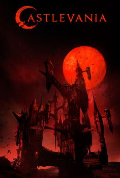 an image of a castle with bats in the sky and blood red moon behind it