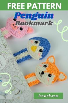 three crocheted animal hair clips with the text free pattern penguin bookmark