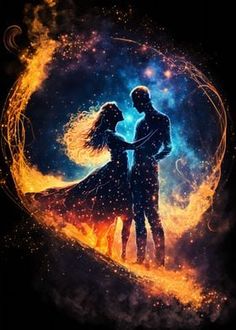 a man and woman are standing in front of a fire ball with the words, love is