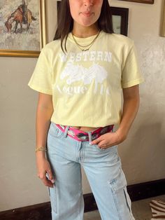 How cute are these new logo tees?!! We are loving the retro vibes & would love to see these on our customers!! They are super soft & comfy too! White graphic printed on a super soft banana colored comfort color tee. 100% Cotton Western Vogue, Horses Western, Vogue Home, Rodeo Drive, Comfort Colors Tee, Comfort Color, New Logo, British Indian, Retro Vibe