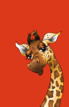 a giraffe is standing in front of a red background